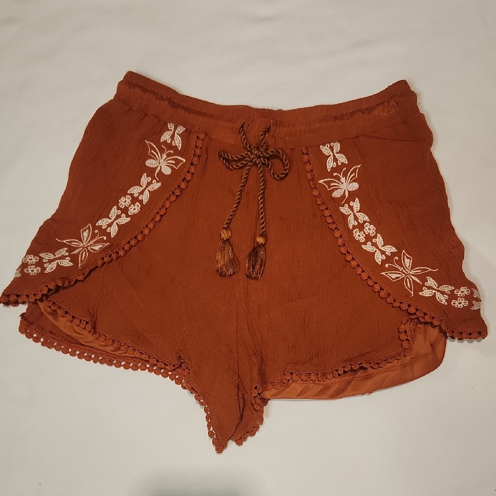 Boho Drawstring Embroidered Women's Shorts in Rust Sz S